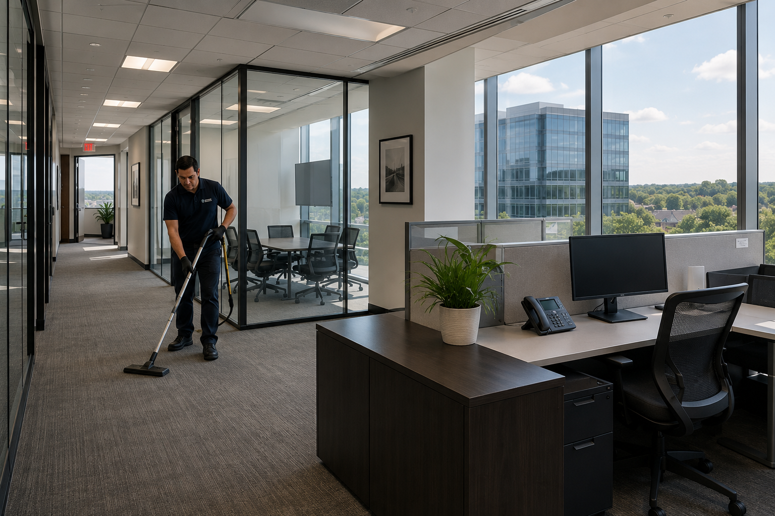 Modern commercial office maintained through recurring janitorial service